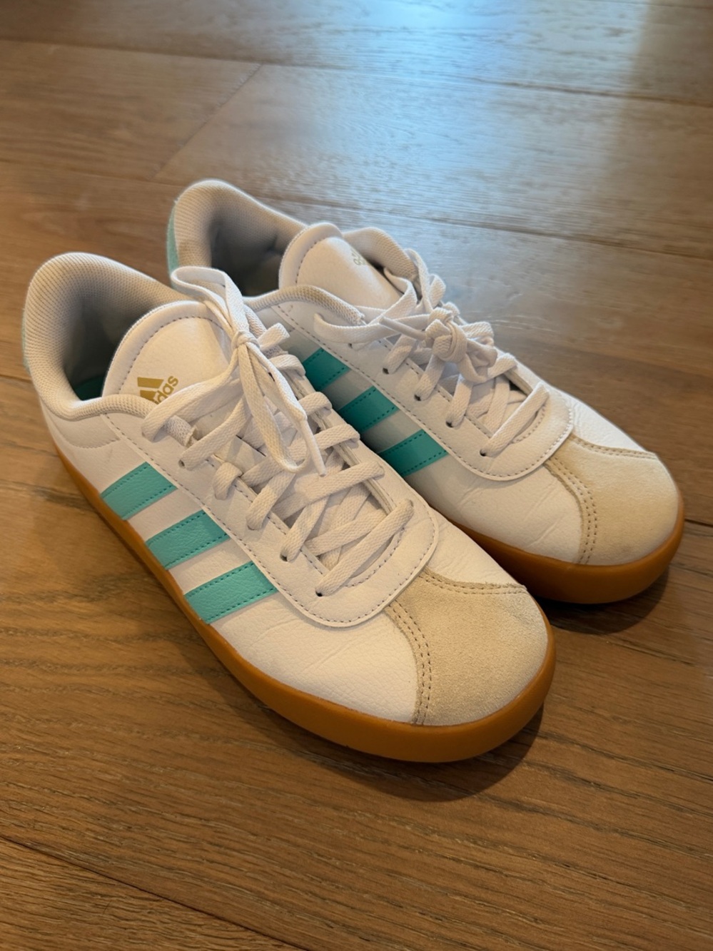 adidas Kids White Sneakers with Teal Stripes and Gum Sole